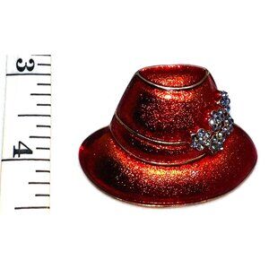 Red Hat Rhinestone Brooch Pin Gold-Tone Vintage Style Women Jewelry